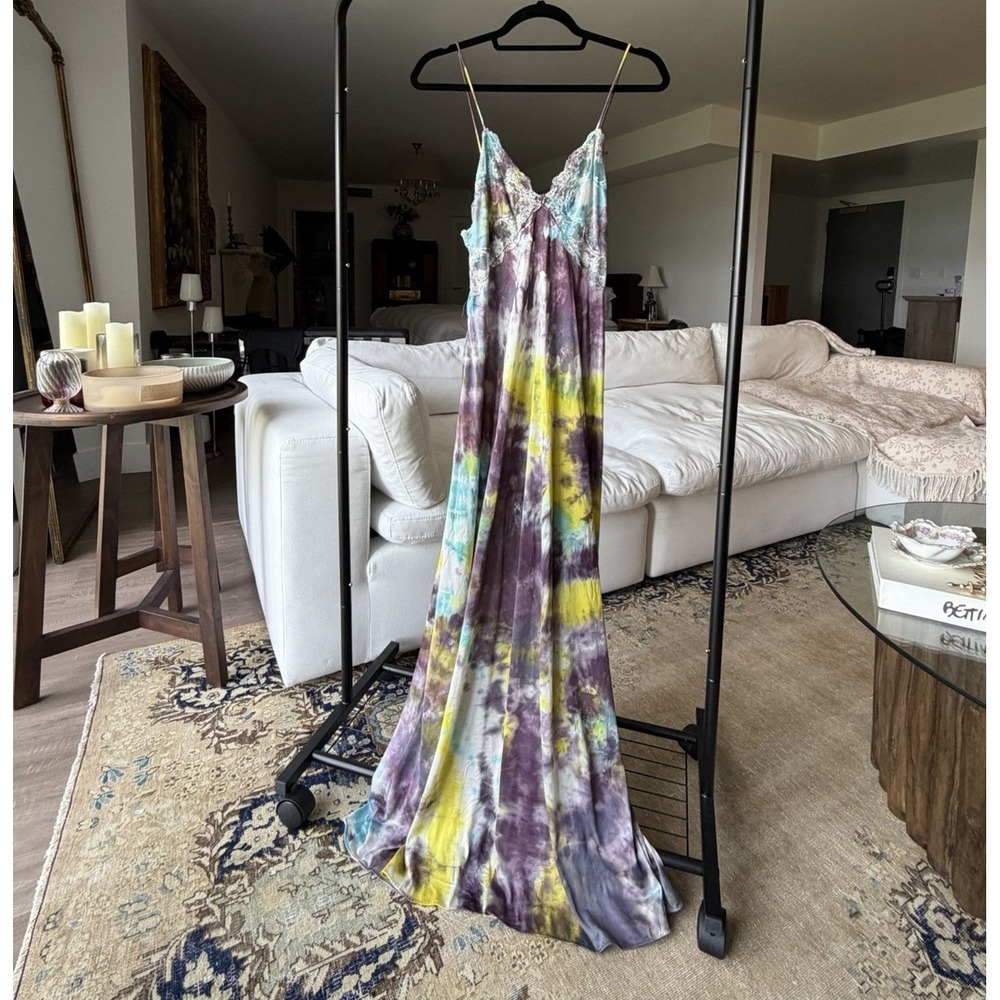 Women's Tie-Dye Lace Trim V-Neck Sleeveless Maxi Gown Vintage Size M